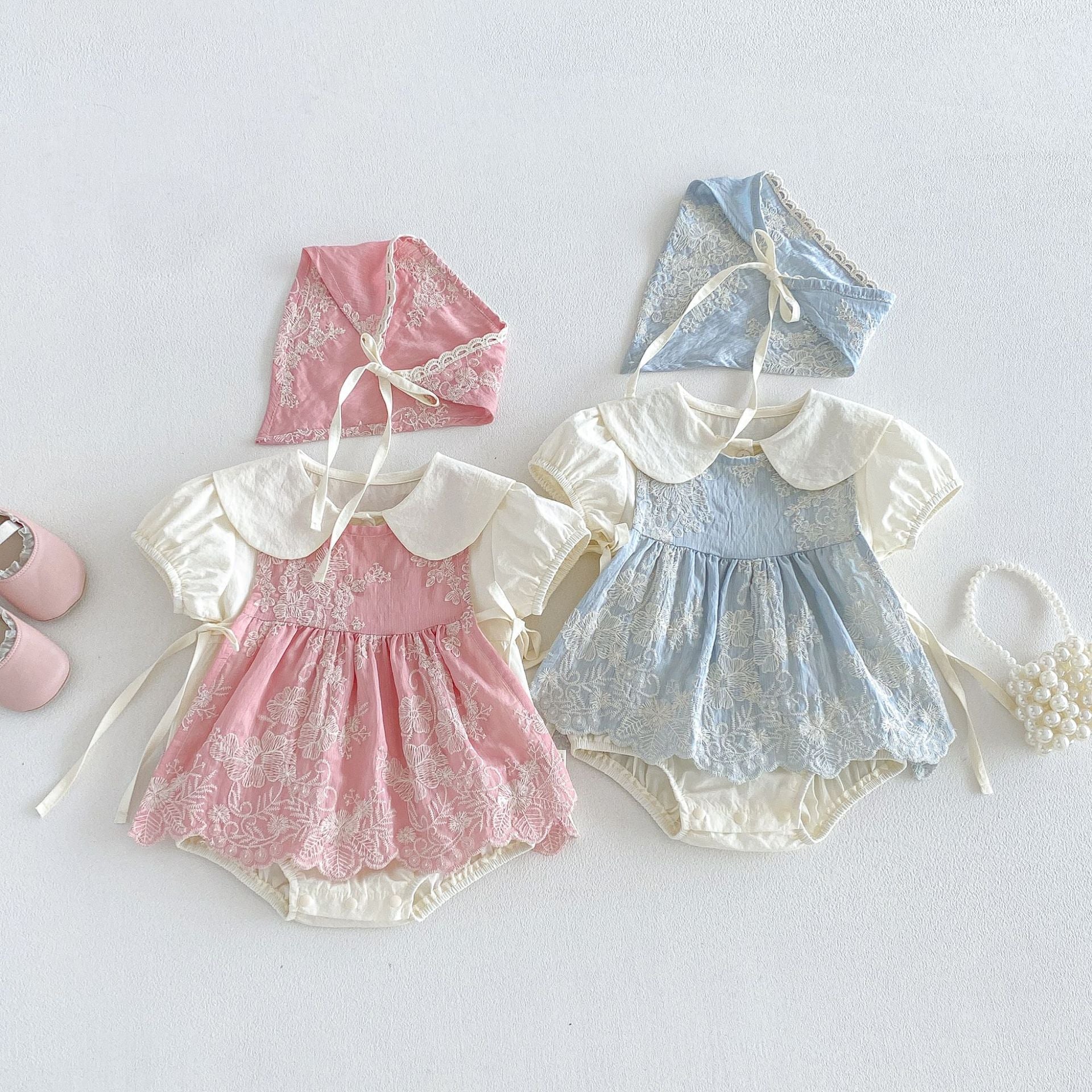 （In Production）Toddler Girls Spring&Summer Embroidery Two-piece Romper with Headscarf