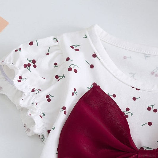 （In Production）Toddler Girls Spring&Summer Cherry Print Bow Romper