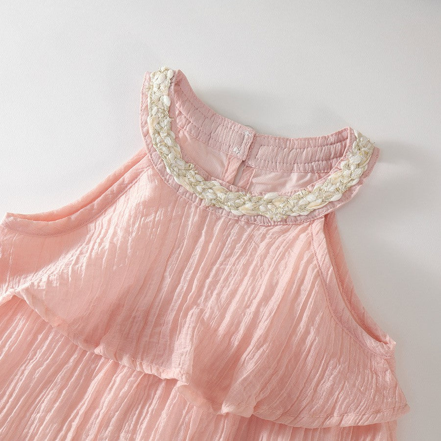 （In Production）Girls Pink Neck-wrap Tiered Dress