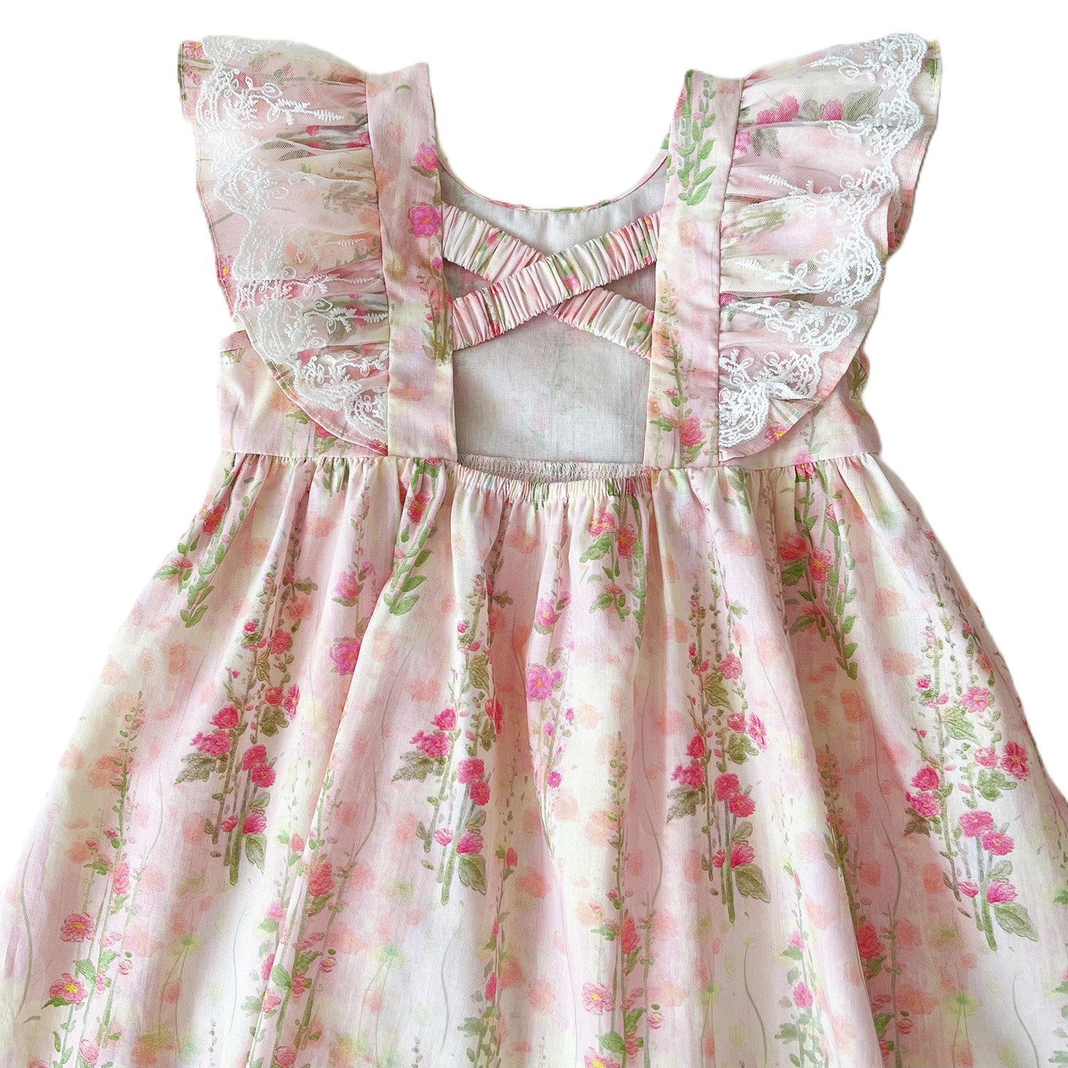 （Pre Order）Girls Spring and Summer Floral Print Green Bow Dress