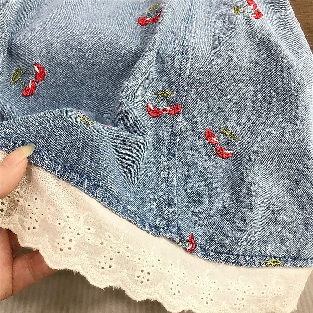 （In Production）Girls Spring&Summer Cherry Embroidery Denim Dress