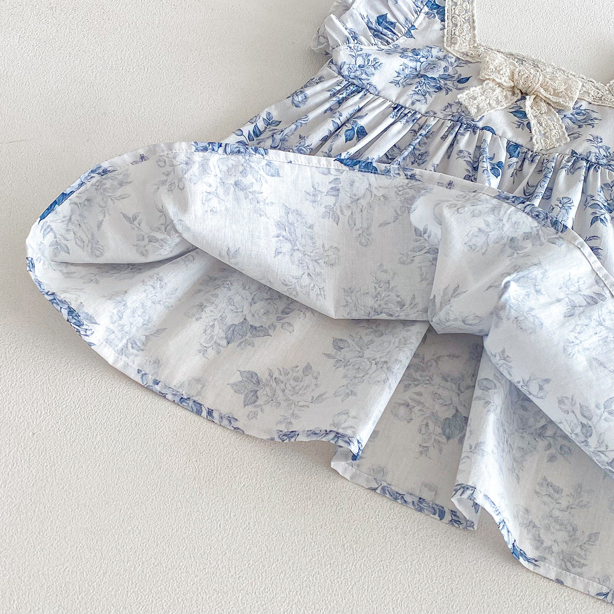 （In Production）Sisters Spring&Summer Blue Floral Print Dress,Romper