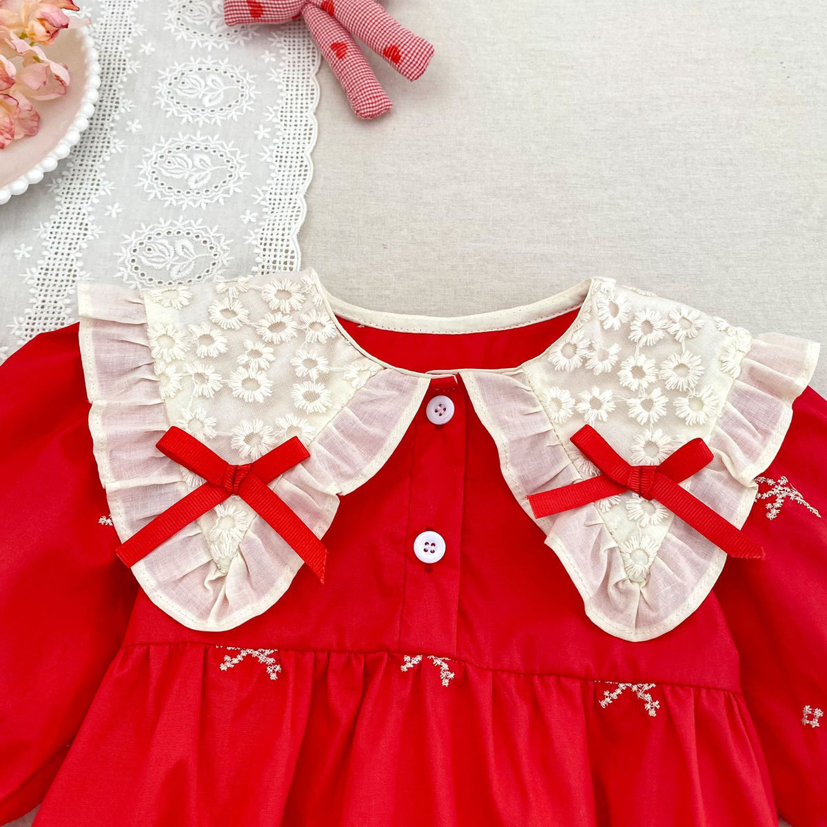 （Pre Order 2 Weeks）Sisters Christmas Bow Embroidery Dress&Romper