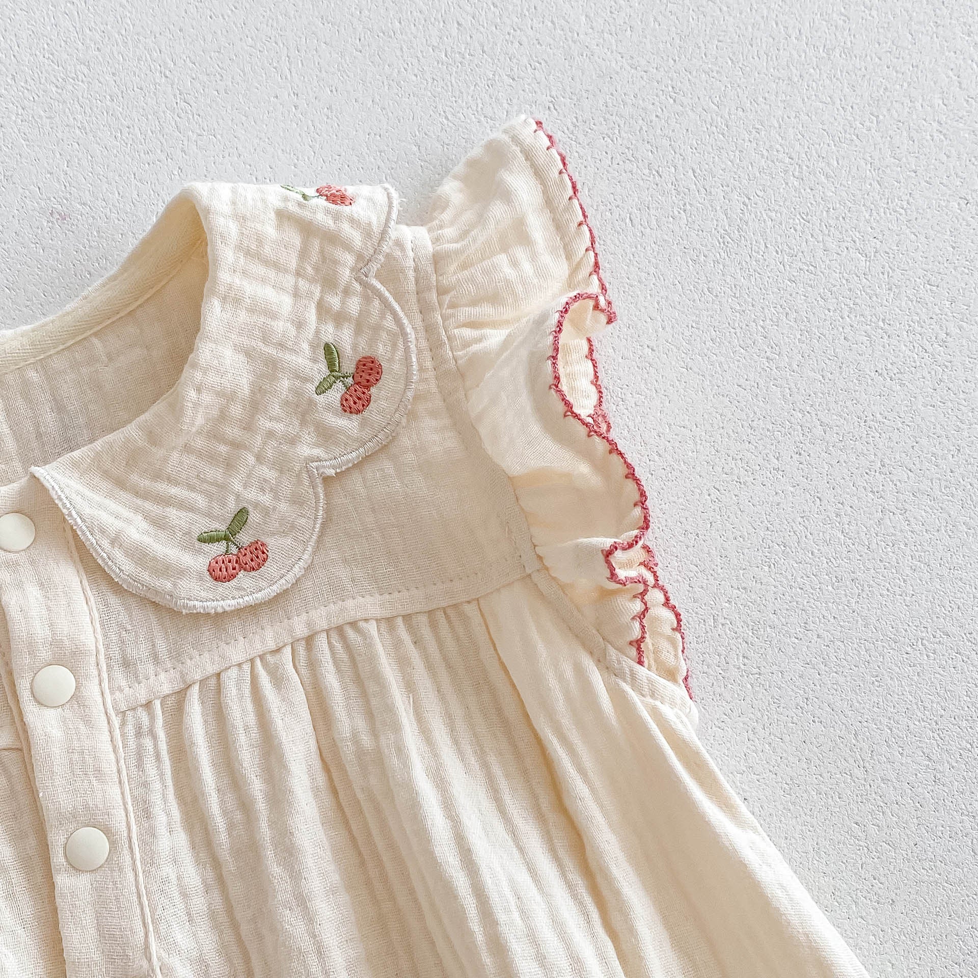 （Pre Order 2 Weeks）Toddler Girls Cherry Embroidery Scallop Collar Romper