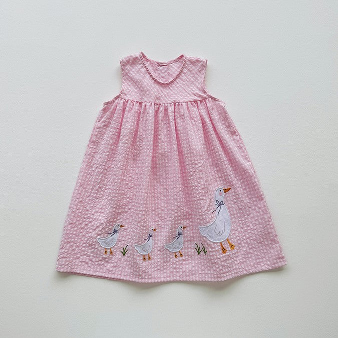 （In Production）Girls Spring&Summer Goose Applique Plaid Dress