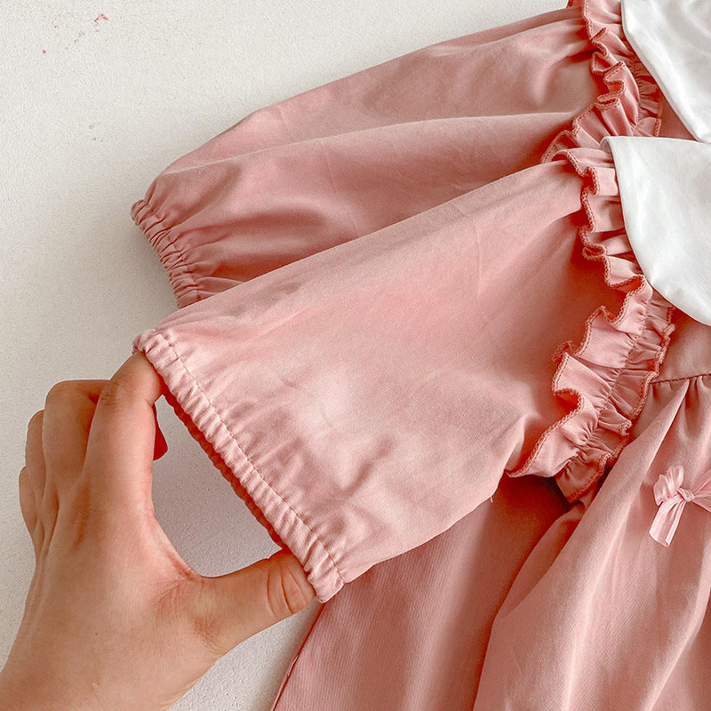 （In Production）Sisters Spring Pink Bow Doll Collar Dress&Romper