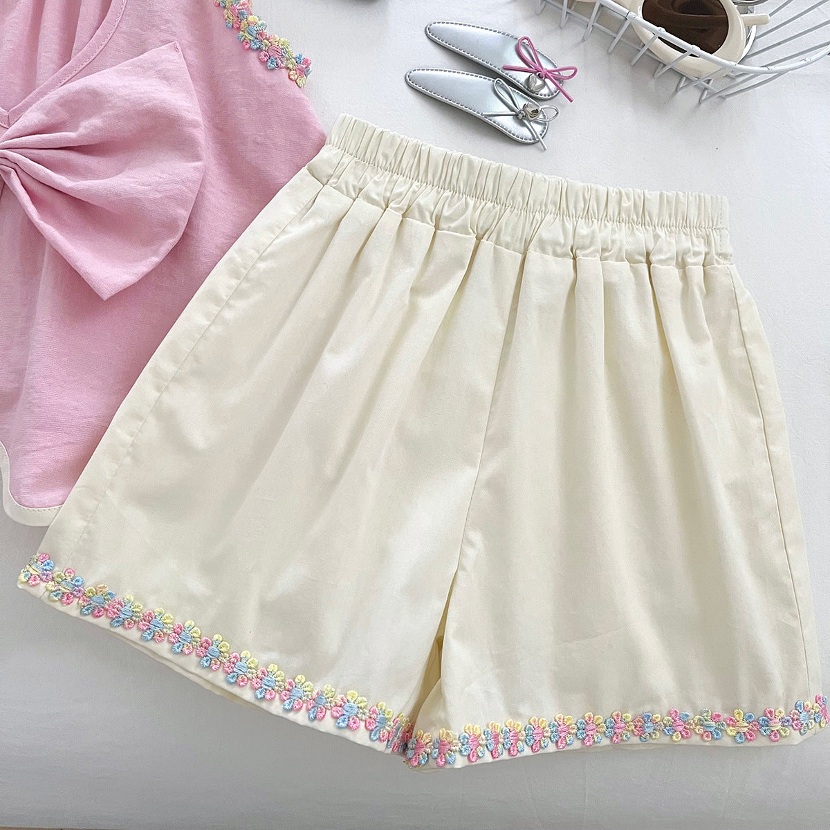 （In Production）Girls Summer Pink Scallop Top White Shorts Set