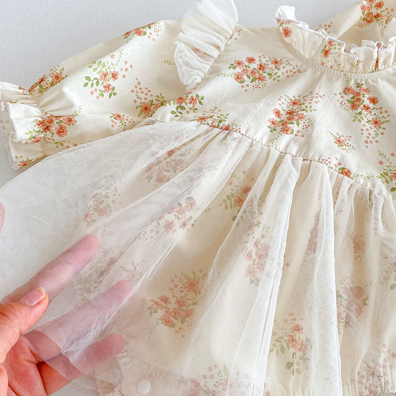 （In Production）Sisters Fall Floral Print Lace Ruffle Dress&Romper