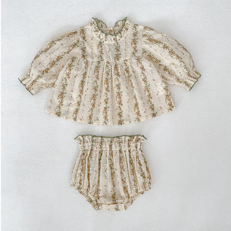 （In Production）Toddler Girls Spring&Summer Floral Print Swiss Dot Bloomer Set