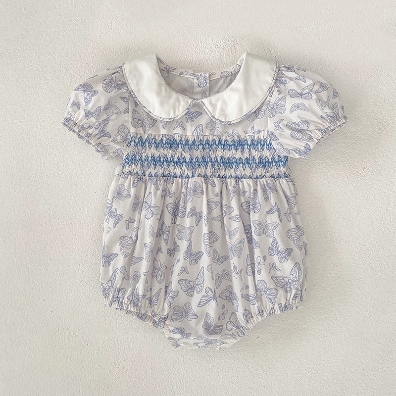 （In Production）Sisters Spring&Summer Blue Butterfly Print Smocked Dress,Romper