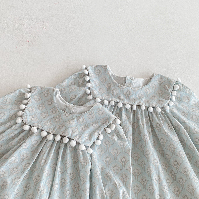 （Pre Order 2 Weeks）Sisters Fall Vintage Blue Print Pom Pom Collar Dress&Romper