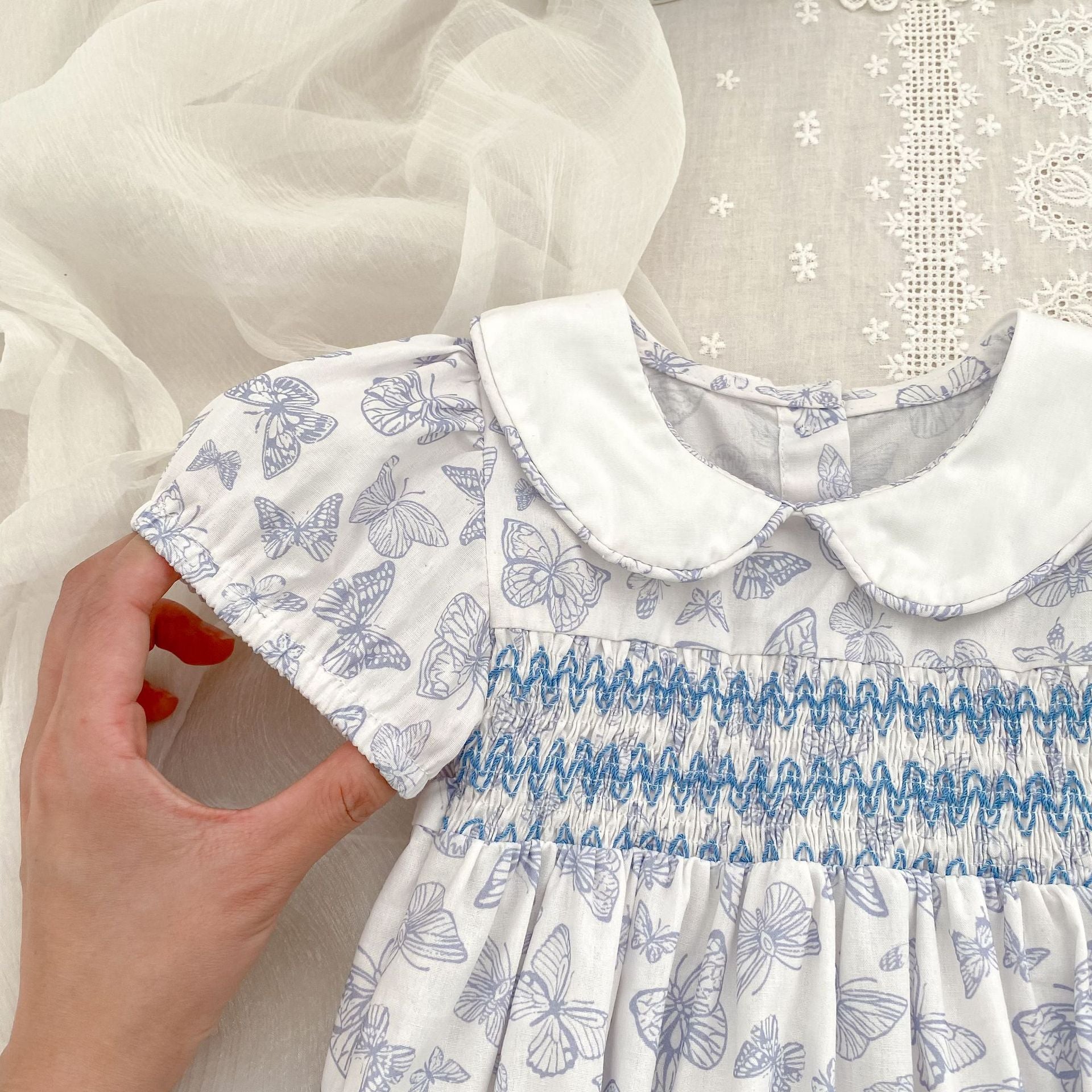 （In Production）Sisters Spring&Summer Blue Butterfly Print Smocked Dress,Romper