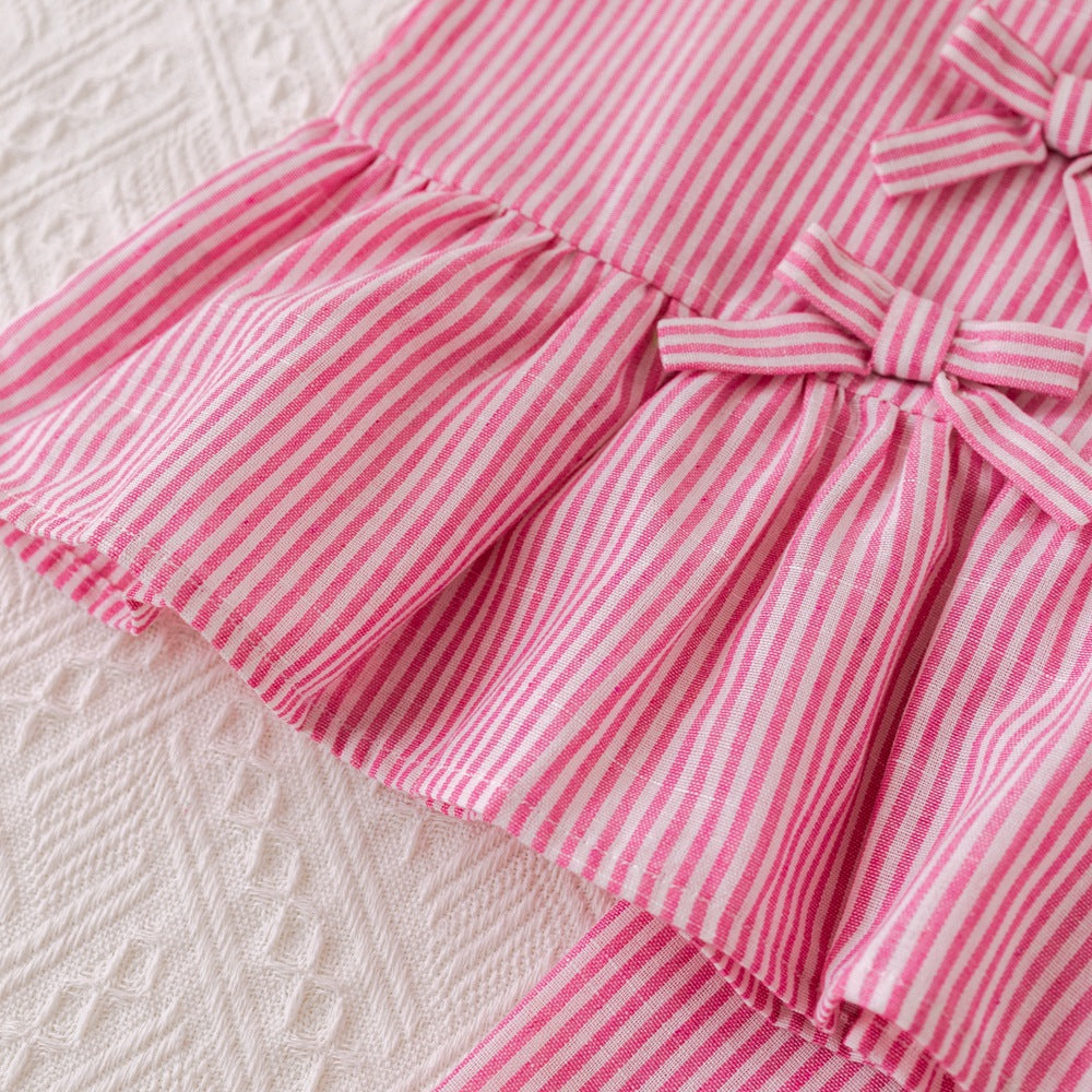 （In Production）Girls Summer Pink Stripes Sleeveless Long Pants Suit