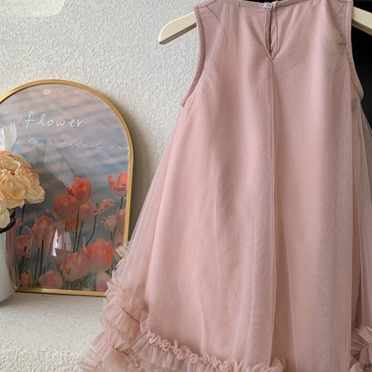 （In Production）Girls Spring&Summer Smoke Pink Bow Mesh Dress