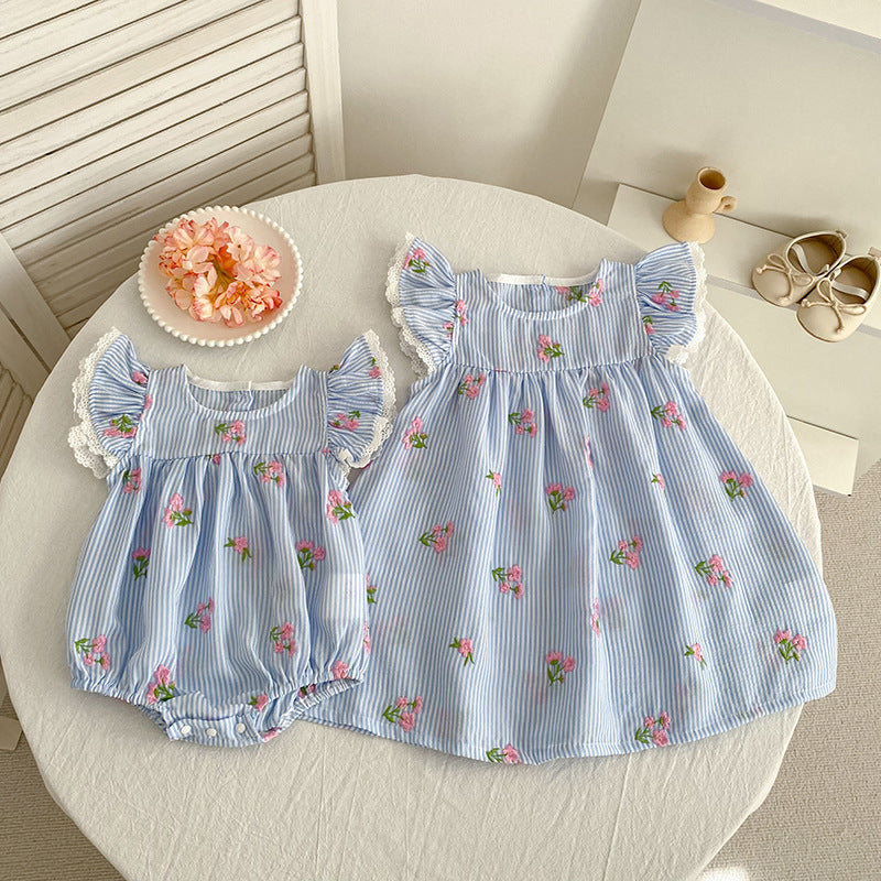 （In Production）Sisters Summer Floral Embroidery Flying Sleeves Dress&Romper