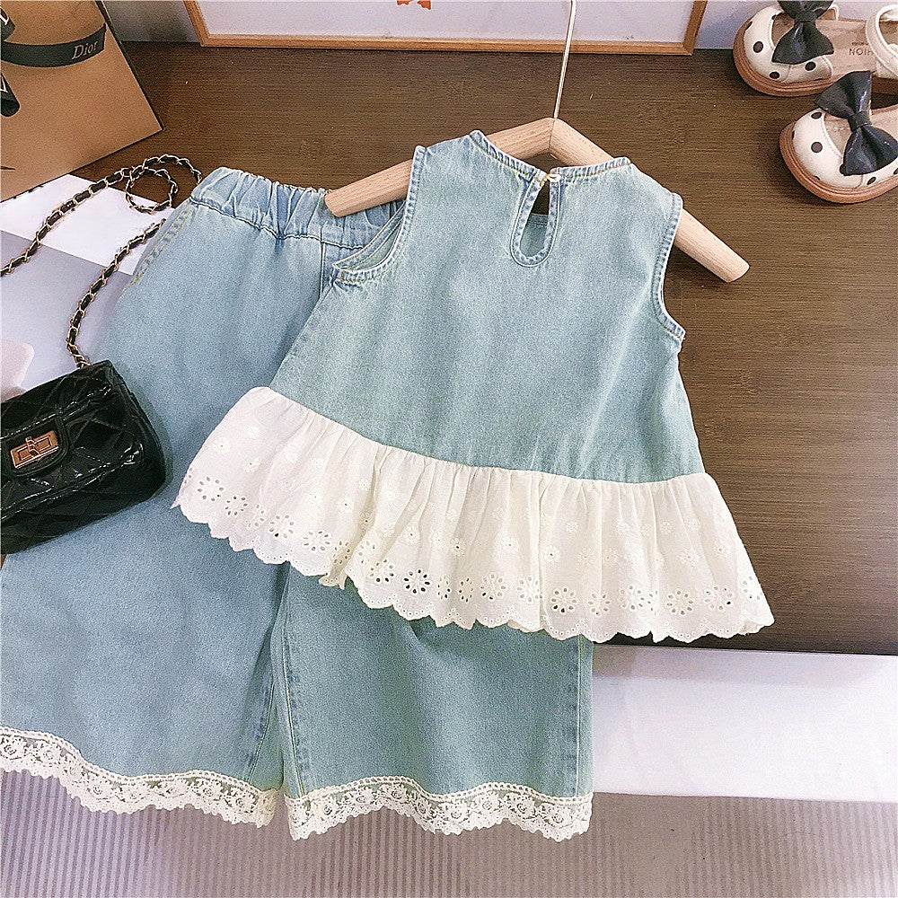 （In Production）Girls Spring&Summer Denim Lace Ruffle Outfit Set