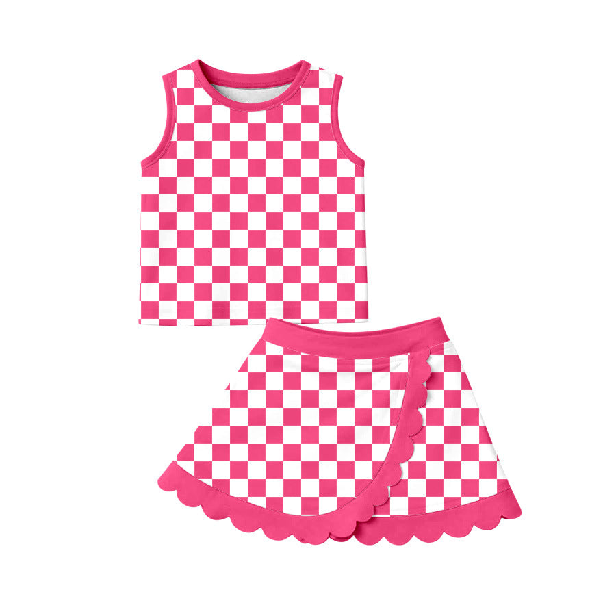 （In Production）Girls Spring&Summer Plaid Yoga Scallop Skort Set