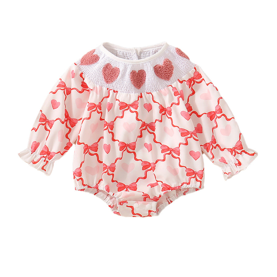 （Pre Order）Toddler Girls Valentine's Day Chenille Patches Smocked Romper