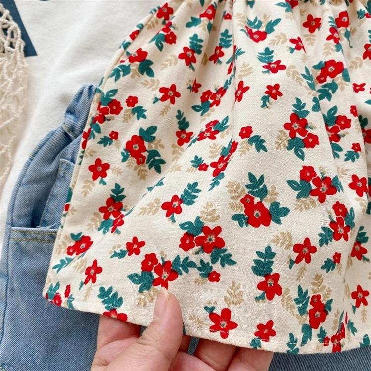 （In Production）Girls Spring&Summer Floral Print Denim Shorts Set