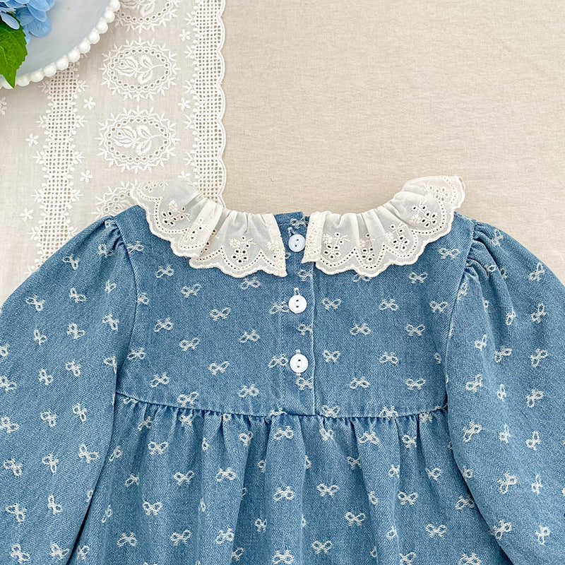 （Pre Order 2 Weeks）Sisters Fall Bow Ruffle Denim Dress&Romper