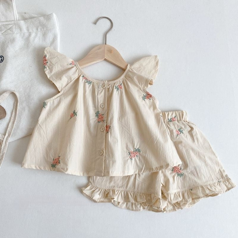 （In Production）Girls Spring&Summer Floral Embroidery Shorts Set