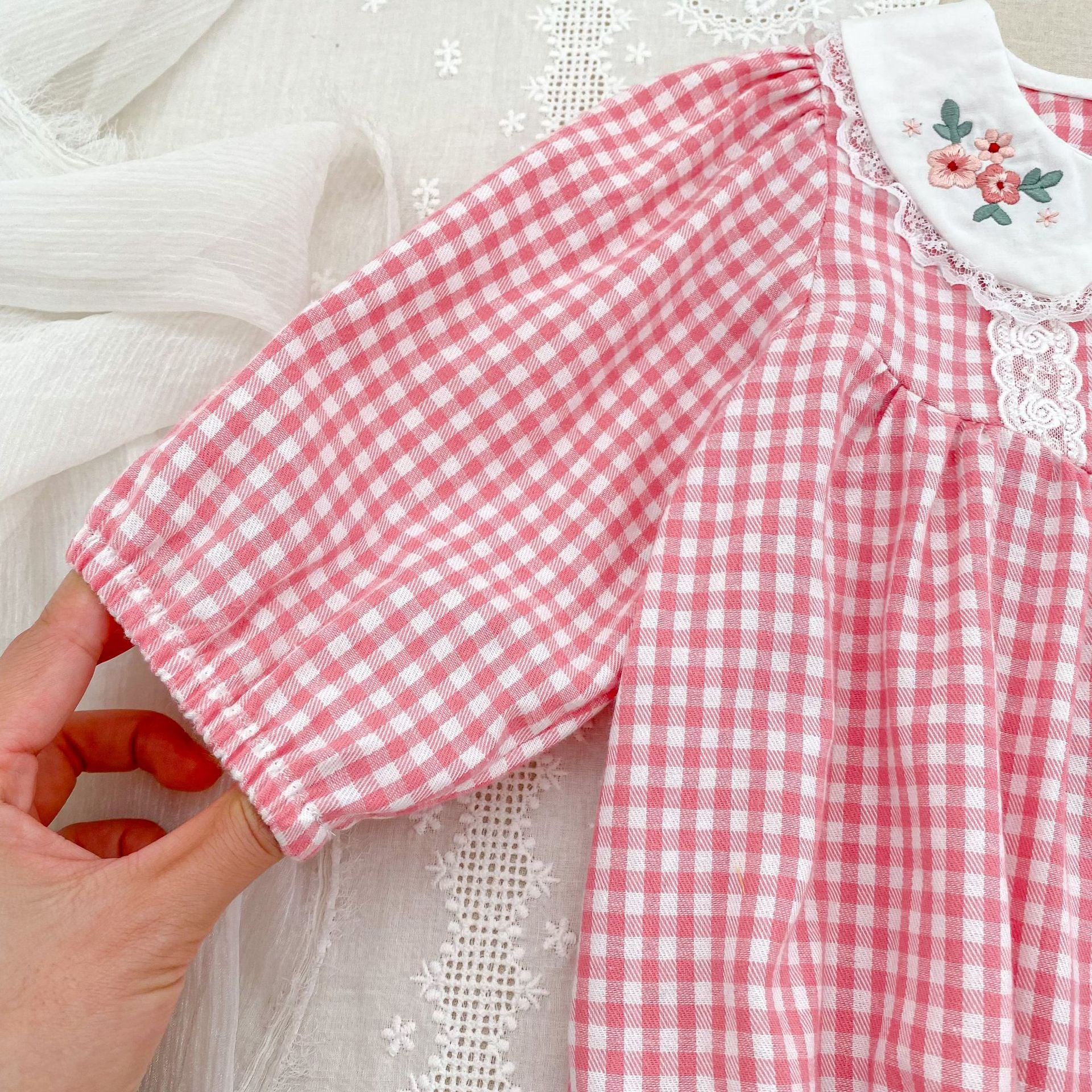 （Pre Order 2 Weeks）Sisters Fall Floral Embroidery Lace Pink Plaid Dress&Romper