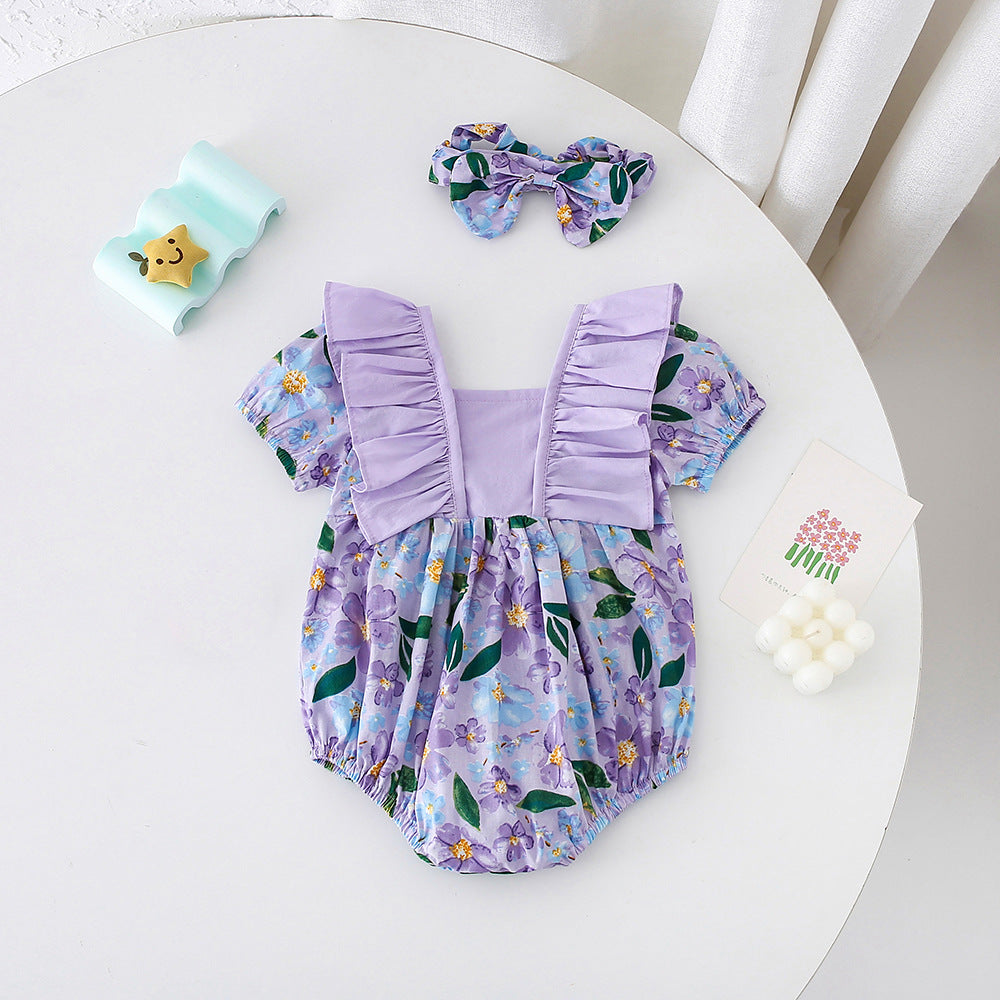 （Pre Order）Toddler Girls Spring and Summer Violet Floral Print Romper