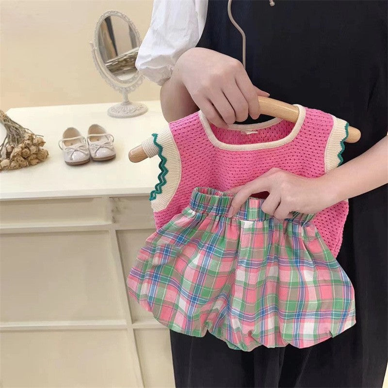 （In Production）Girls Spring&Summer Knitted Scallop Vest Plaid Shorts Set