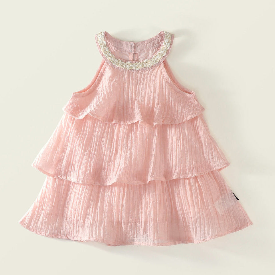（In Production）Girls Pink Neck-wrap Tiered Dress