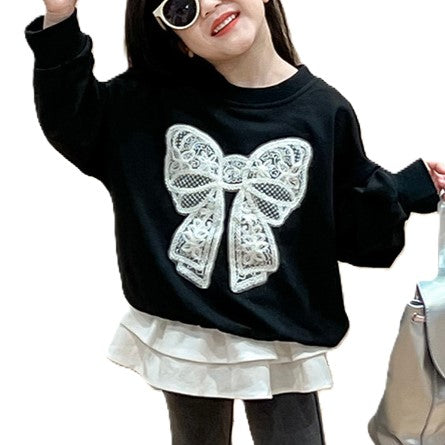（In Production）Girls Fall&Winter Bow Applique Sweatshirt Skirt Jeans 3 pcs