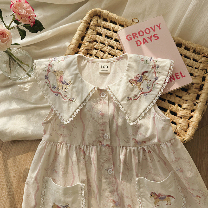 （In Production）Girls Spring&Summer Horse Embroidery Dress with Pockets