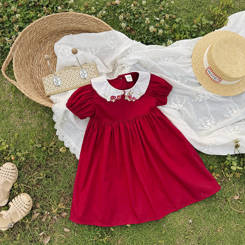 （In Production）Girls Spring&Summer Mushroom Embroidery Baby Collar Dress