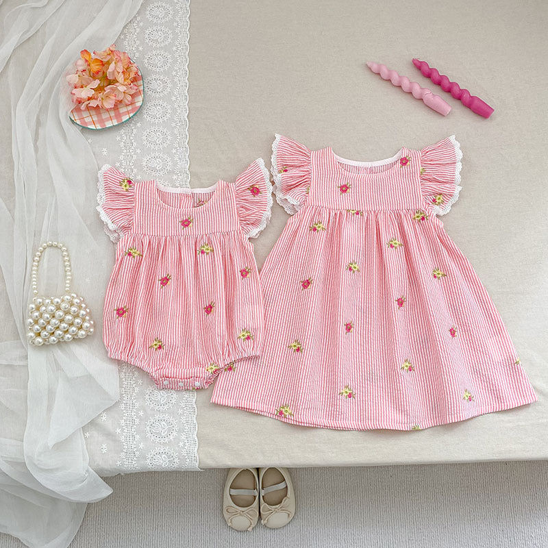 （In Production）Sisters Summer Floral Embroidery Flying Sleeves Dress&Romper