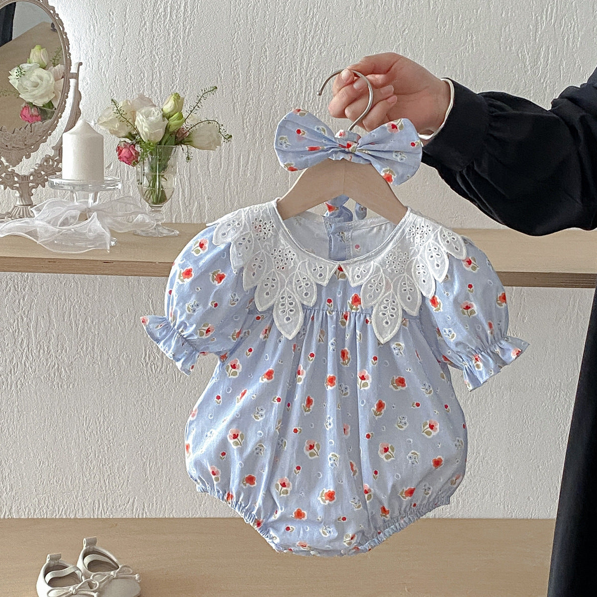 （In Production）Sisters Summer Floral Print Baby Collar Dress&Romper