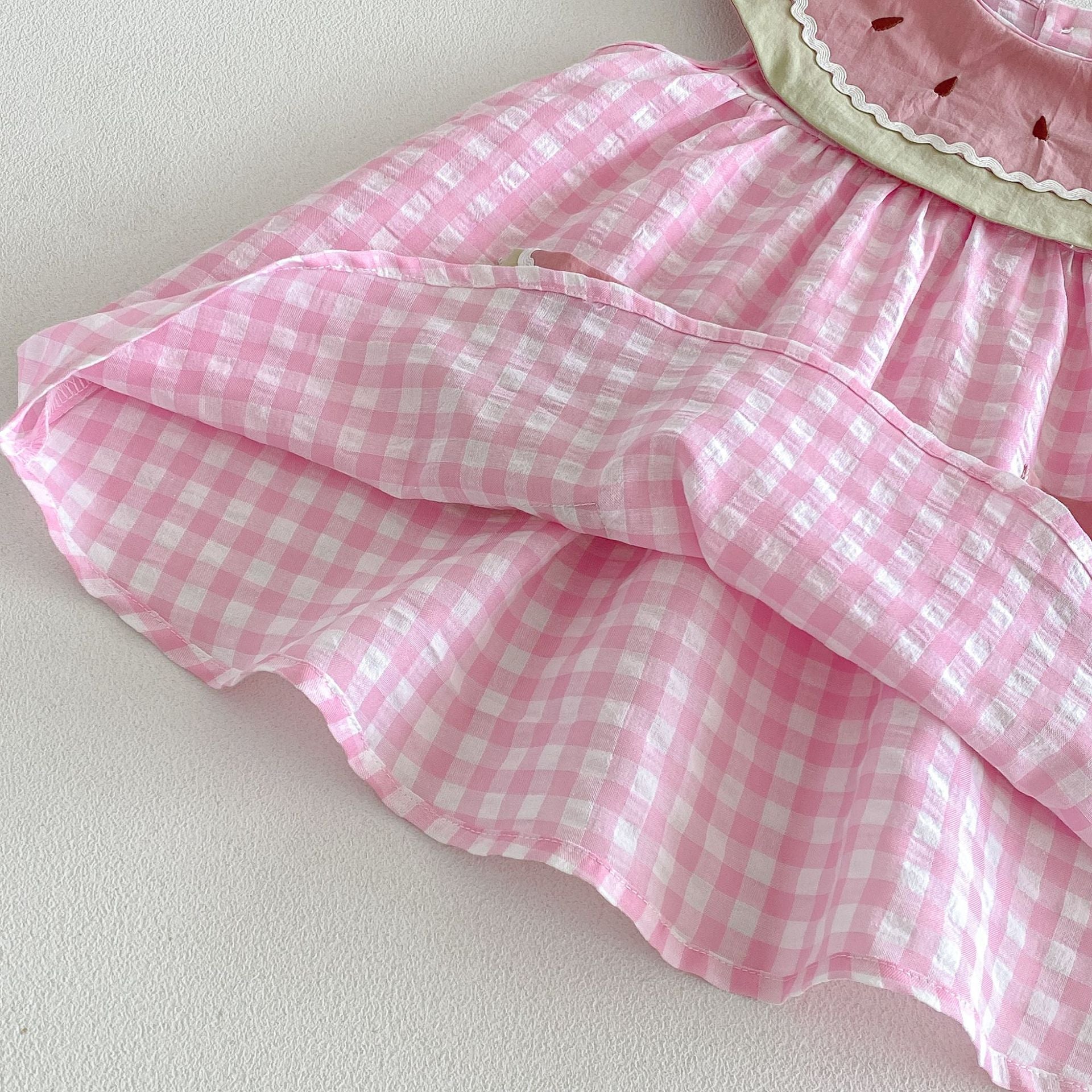 （In Production）Sisters Summer Watermelon Embroidery Scallop Dress&Romper with Pockets