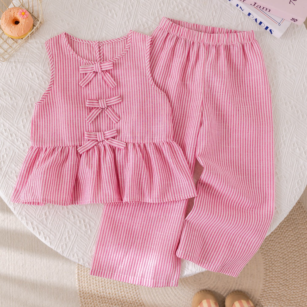 （In Production）Girls Summer Pink Stripes Sleeveless Long Pants Suit
