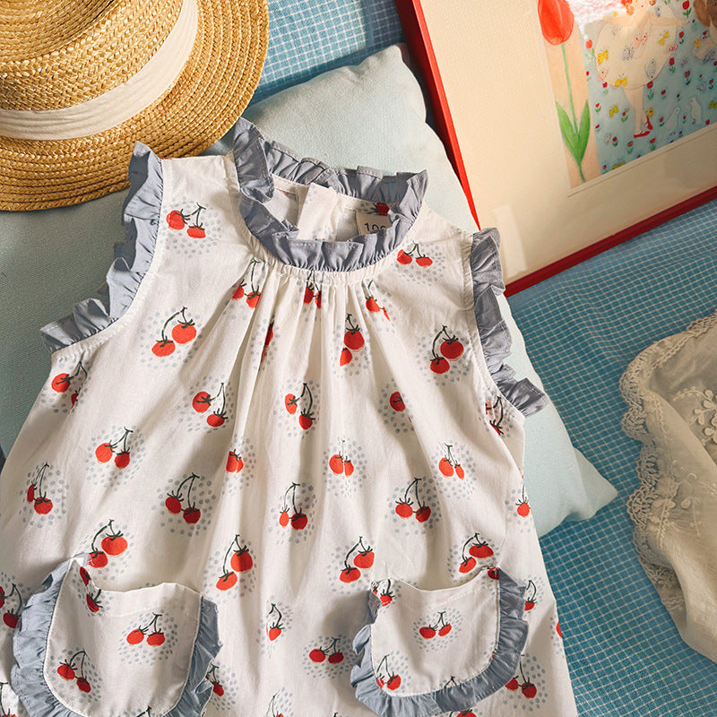 （In Production）Girls Spring&Summer Cherry Print Ruffle Dress