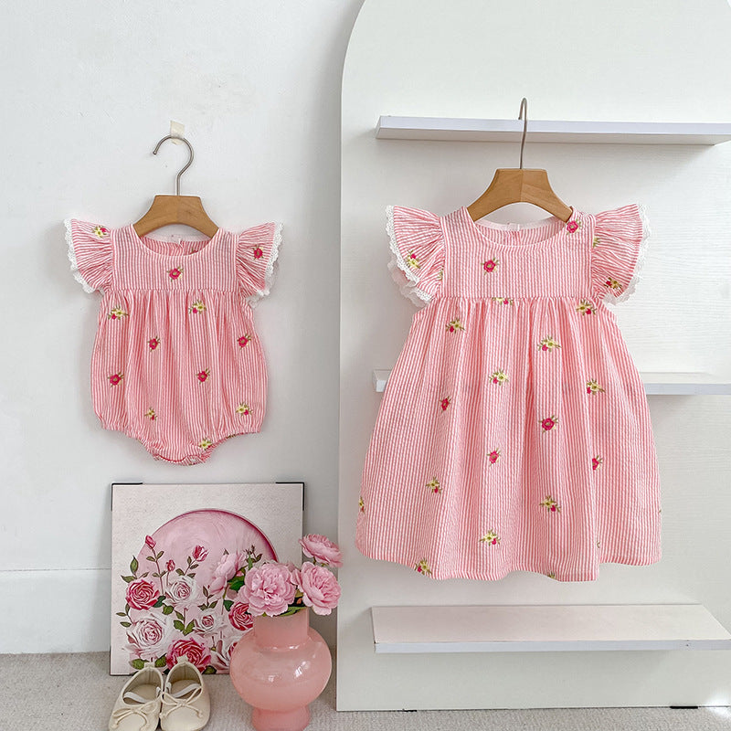 （In Production）Sisters Summer Floral Embroidery Flying Sleeves Dress&Romper