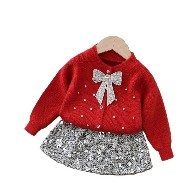 （In Production）Girls Fall&Winter Cardigan Sequin Skirt Set