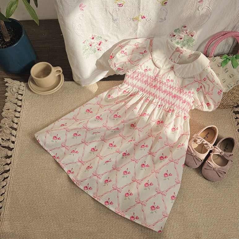 （In Production）Girls Spring&Summer Rose Print Smocked Dress