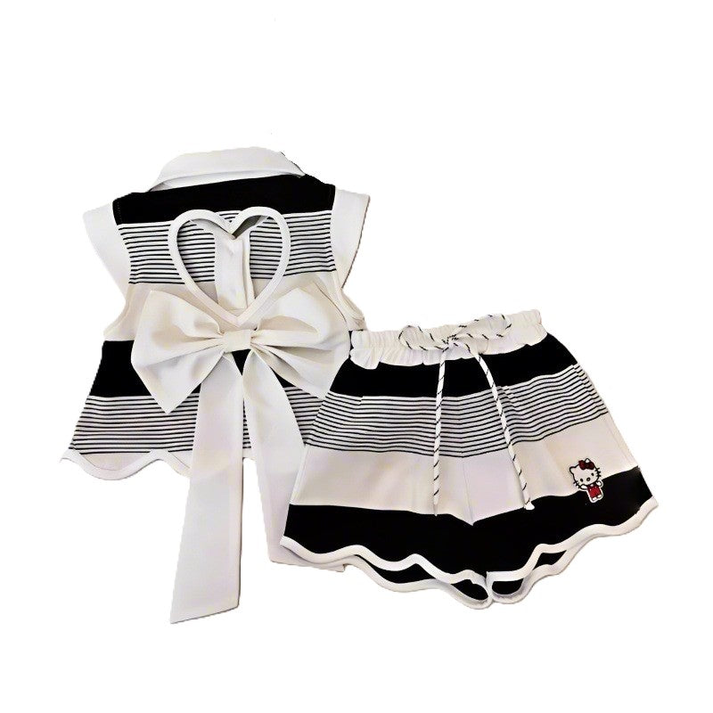（In Production）Girls Summer Black&White Stripe Scallop Shorts Set