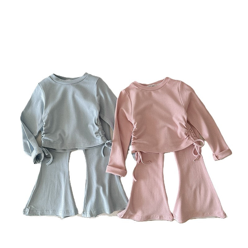 （In Production）Girls Fall&Winter Solid Color Top Flare Pants Set