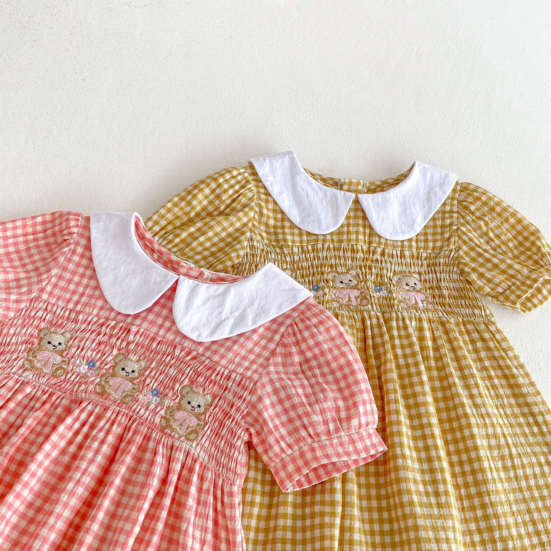 （Pre Order 2 Weeks）Girls Fall Plaid Bear Embroidery Smocked Dress