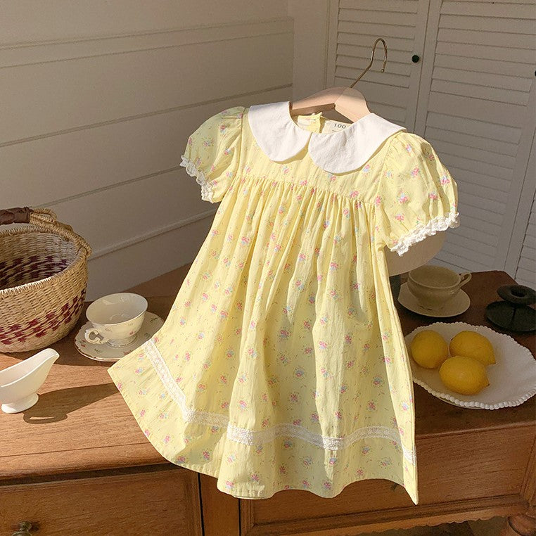 （In Production）Girls Spring&Summer Yellow Floral Print Doll Collar Dress