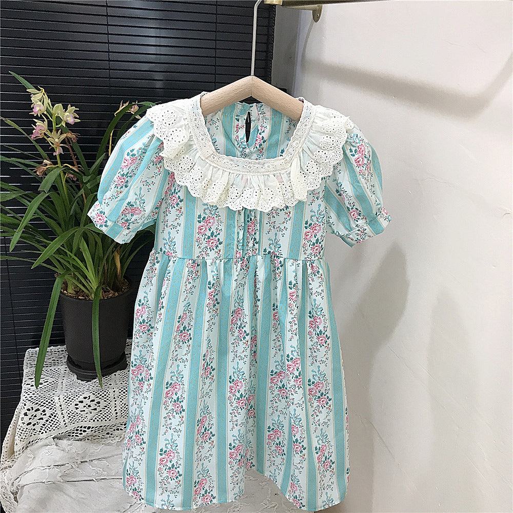 （In Production）Girls Spring&Summer Floral Print Lace Ruffle Dress