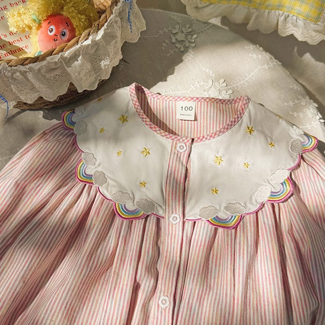 （Pre Order 2 Weeks）Girls Fall Rainbow Embroidery Stripe Dress