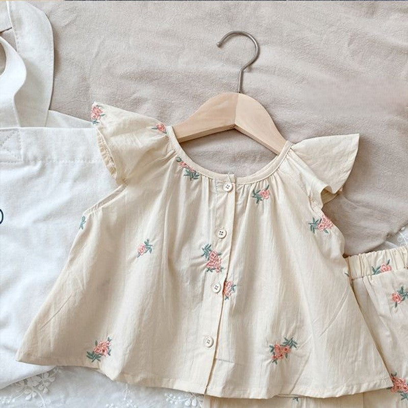 （In Production）Girls Spring&Summer Floral Embroidery Shorts Set