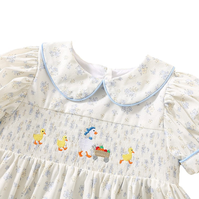 （In Production）One Pack(5 Pieces total)Sale Girls Goose Embroidery Smocked Dress