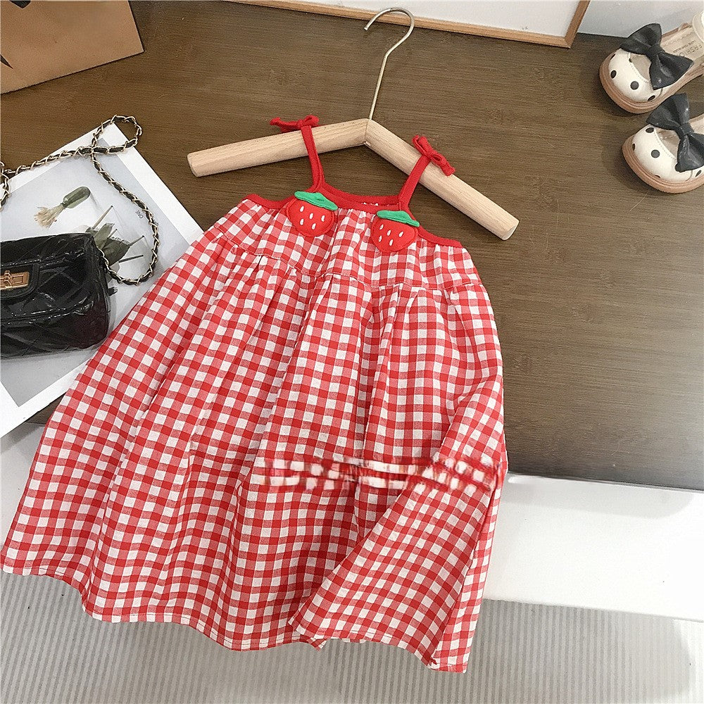 （In Production）Girls Spring&Summer Strawberry Plaid Slip Dress