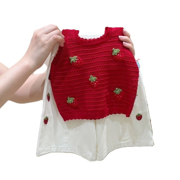 （In Production）Girls Spring&Summer Strawberry Embroidery Pants Set
